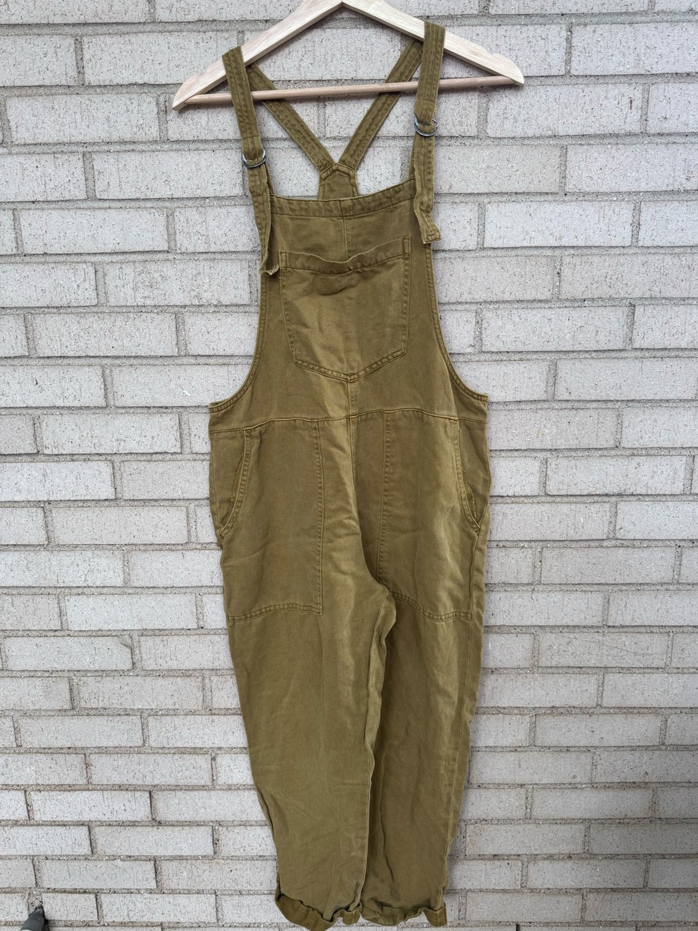 Aerie Lightweight Olive Green Brown Twill Overalls Rolled Leg Small - Picture 1 of 5